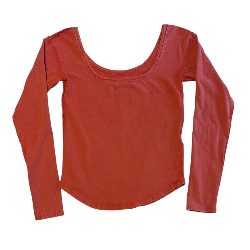 We The Free Cropped Red Scoop Neck Knit T-Shirt Cotton Spandex Long Sleeve S